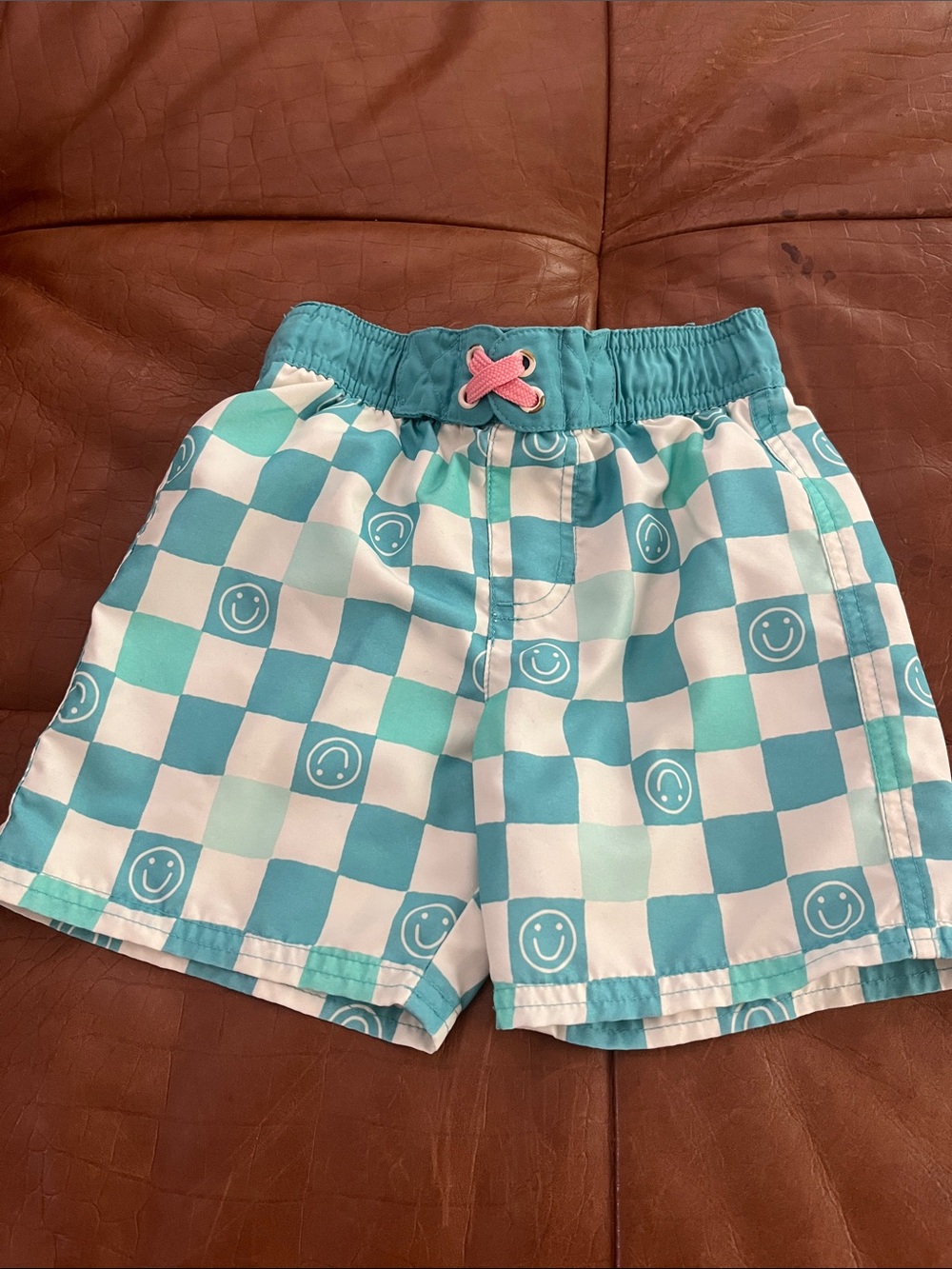 Cat & Jack Turquoise and White Checkerboard Smile Swim Shorts